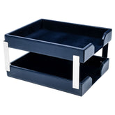 Navy Blue Bonded Leather Letter Trays, Stacking Set, Silver